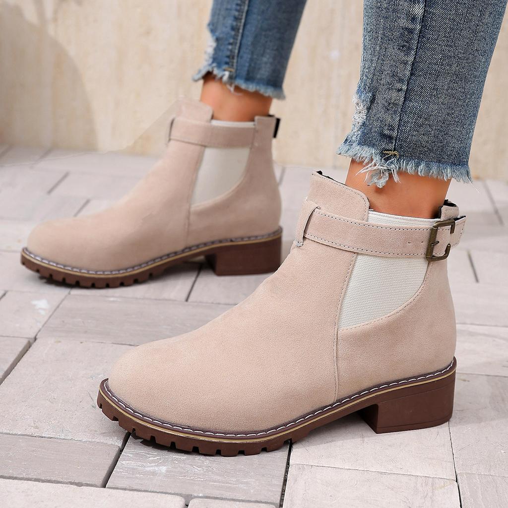 2025 Fall Mid-Heel Ankle Boots Women's Boots Plus Size Round Toe Solid Color Buckle Strap Martin Boots