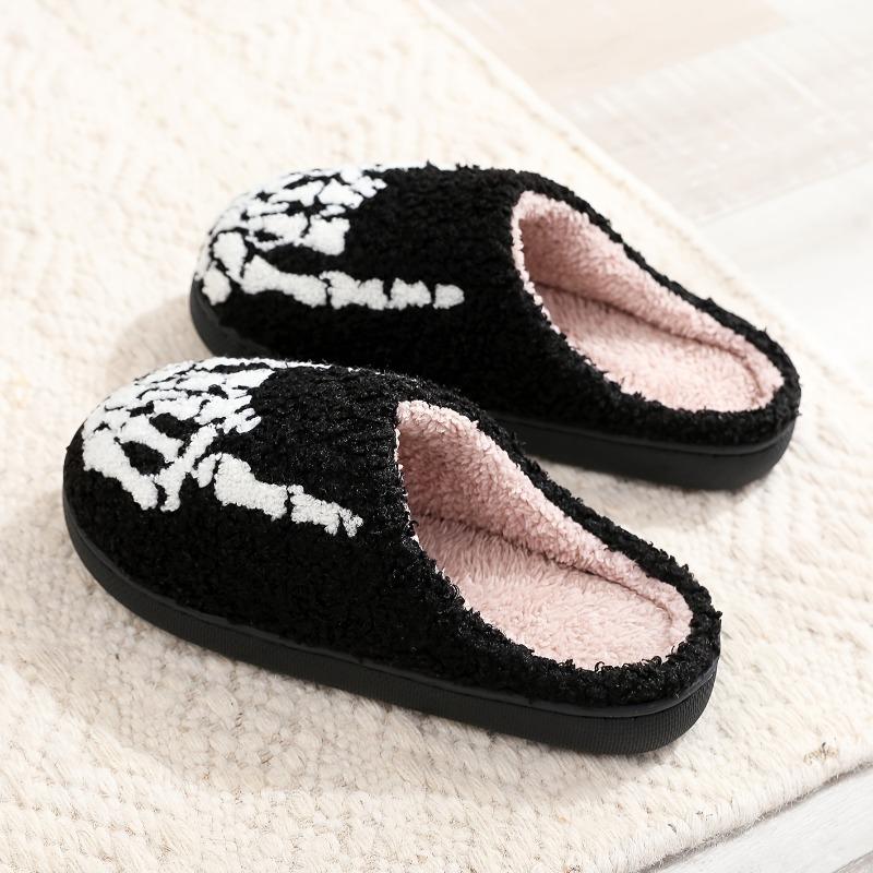 Halloween Gift - Skull Finger Bones Punk Style Plush Slip-On Slippers for Women & Men, Black & White Skeleton Design, Soft Fabric with Plush Lining