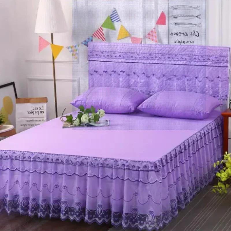 Prinzessinnenstil Bettrock Tagesdecke Einteilig Spitze Bettüberwurf Klein Frisch Rosa Anti-Rutsch und Staubdicht Bettlaken