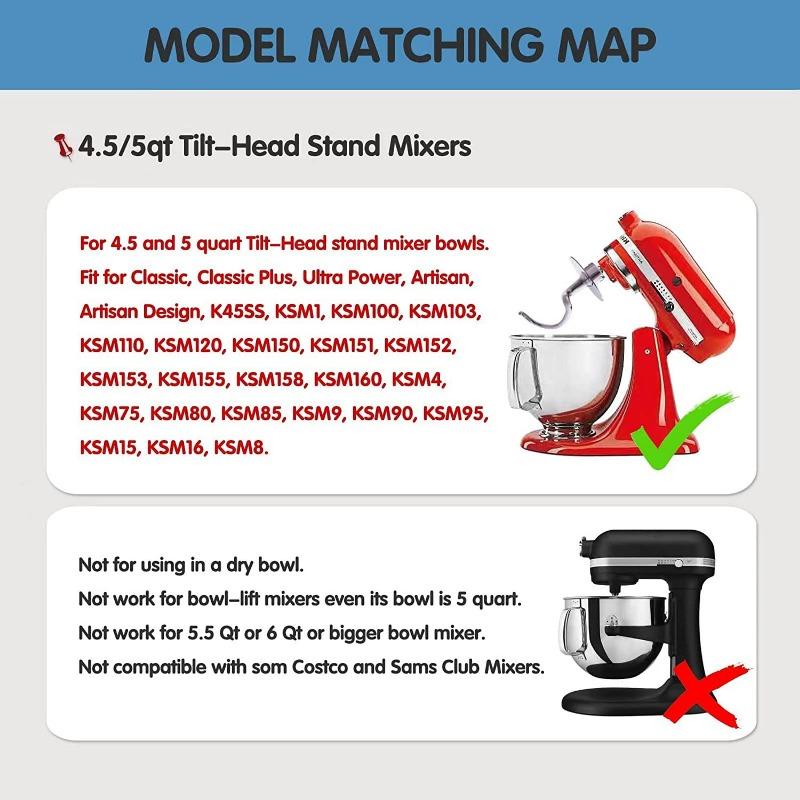 Se poate spăla în mașină de spălat vase, cârlig în spirală pentru aluat pentru mixerul cu suport Kitchenaid, 4,5 Qt - 5 accesorii pentru cap înclinat