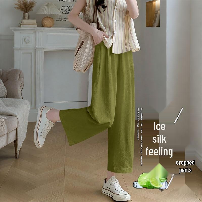 Plus Size Ice Silk Wide Leg Cropped Pants - Trendy Korean Style for Spring & Summer