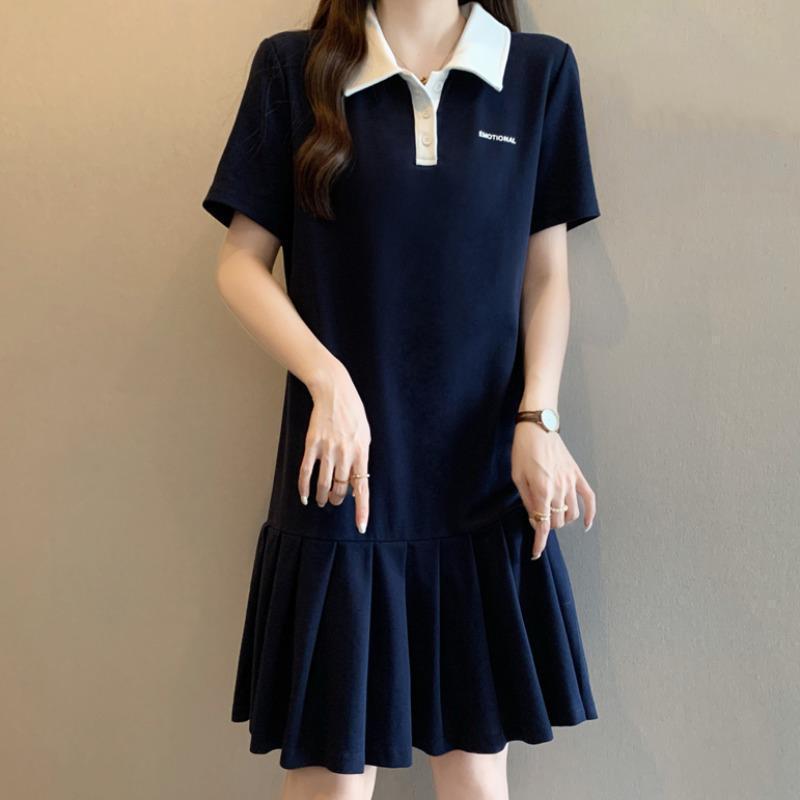 

Blue Polo Neck Mid-Length Pleated Skirt Dress for Women - Plus Size Academic Style, Short Sleeve, Summer 2026 Collection S Up to 105 lbs