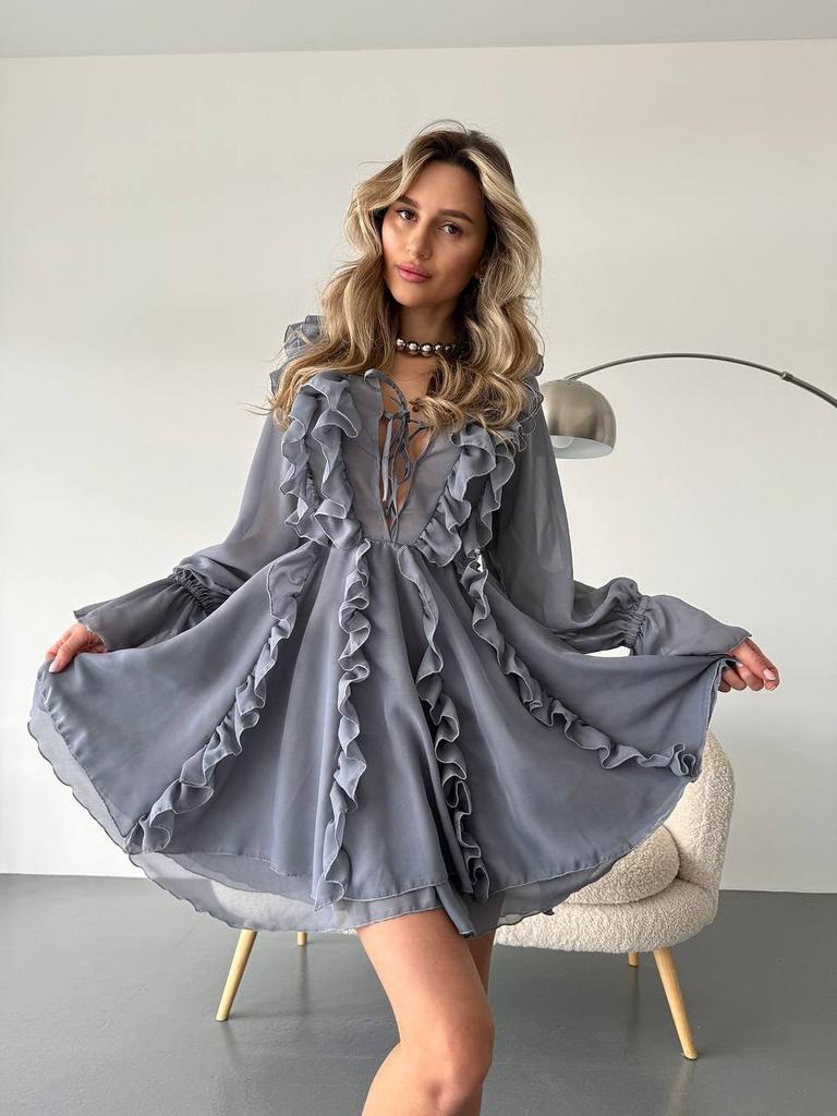 2025 Elegant Chiffon V-neck Ruffle Edge Design Dress Lace-up Long-sleeved A-shaped Skirt