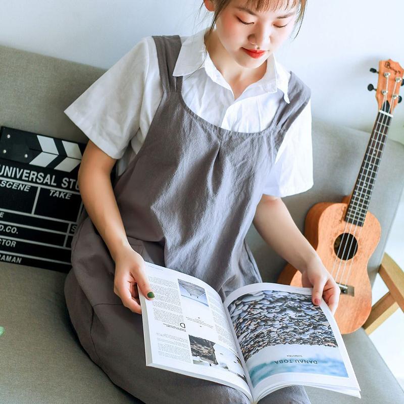 Waterproof Women Cross Back Apron Japanese Housework Kitchen Cooking Double Pocket Apron Solid Color Florist Working Apron NEW