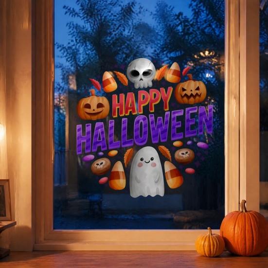 Waterproof PVC Party Decorations Halloween Window Clings, Cute Ghost Pumpkin Skull Happy Sticker, Reusable DIY Layout Double Sided Static Glass Decals