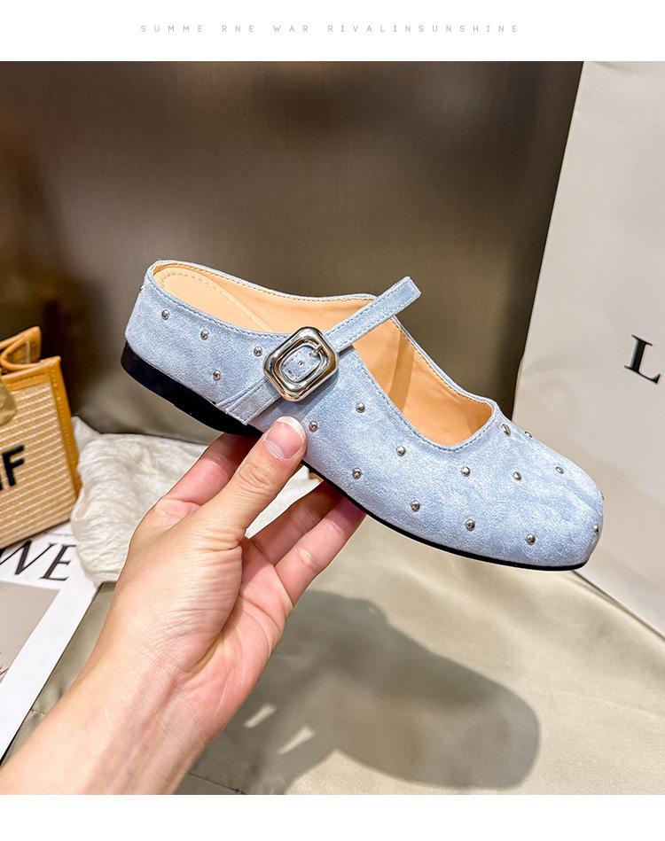 

Inner height increase 5cm cool slippers women s 2025 summer new one-word buckle with Mary Jane shoes retro rivet half slippers 39 небесно-голубой