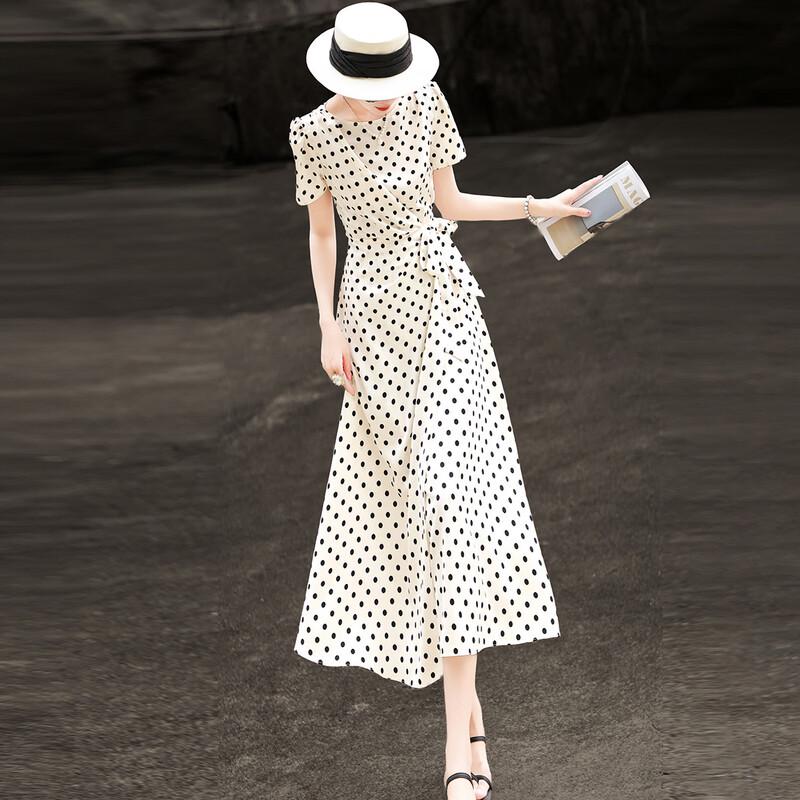 Lanse er 2026 Summer French Style Polka Dot Tie-Waist A-Line Chiffon Dress 2XL