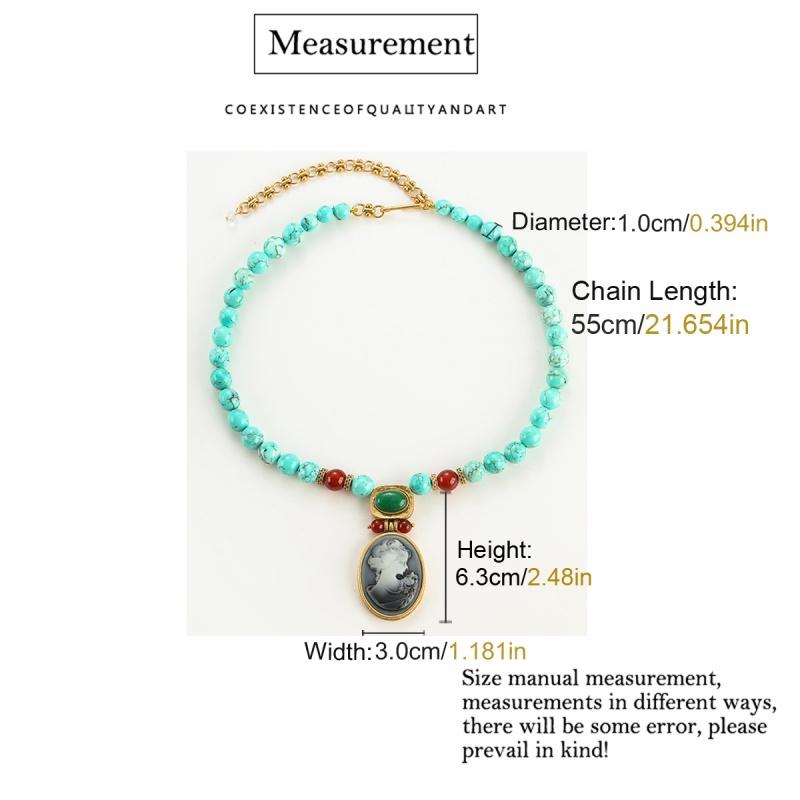 Vintage Türkis Halskette Für Frau Lange Perlenkette Ovales Cameo Kopf Anhänger Schmuck Geschenk Antik Boho Accessoires Böhmen