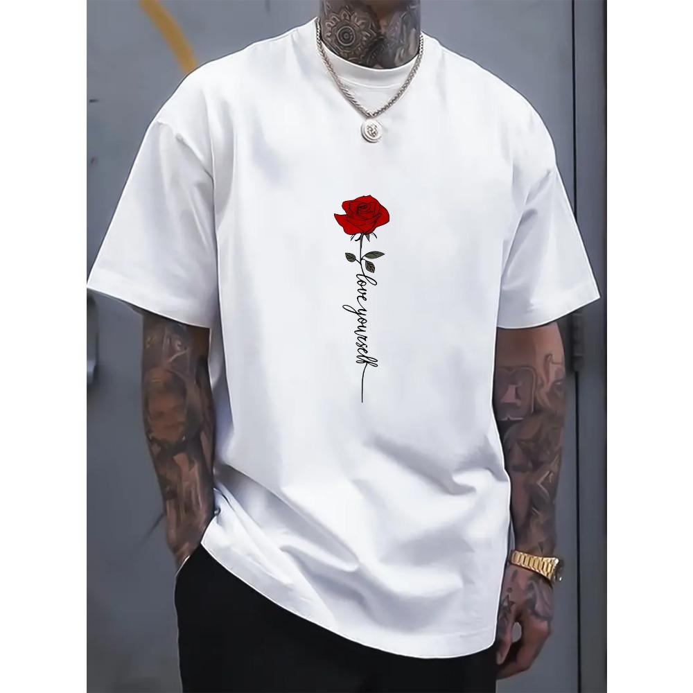 Men's summer fashionable casual sports loose red rose pattern printed round neck short sleeved T-shirt top