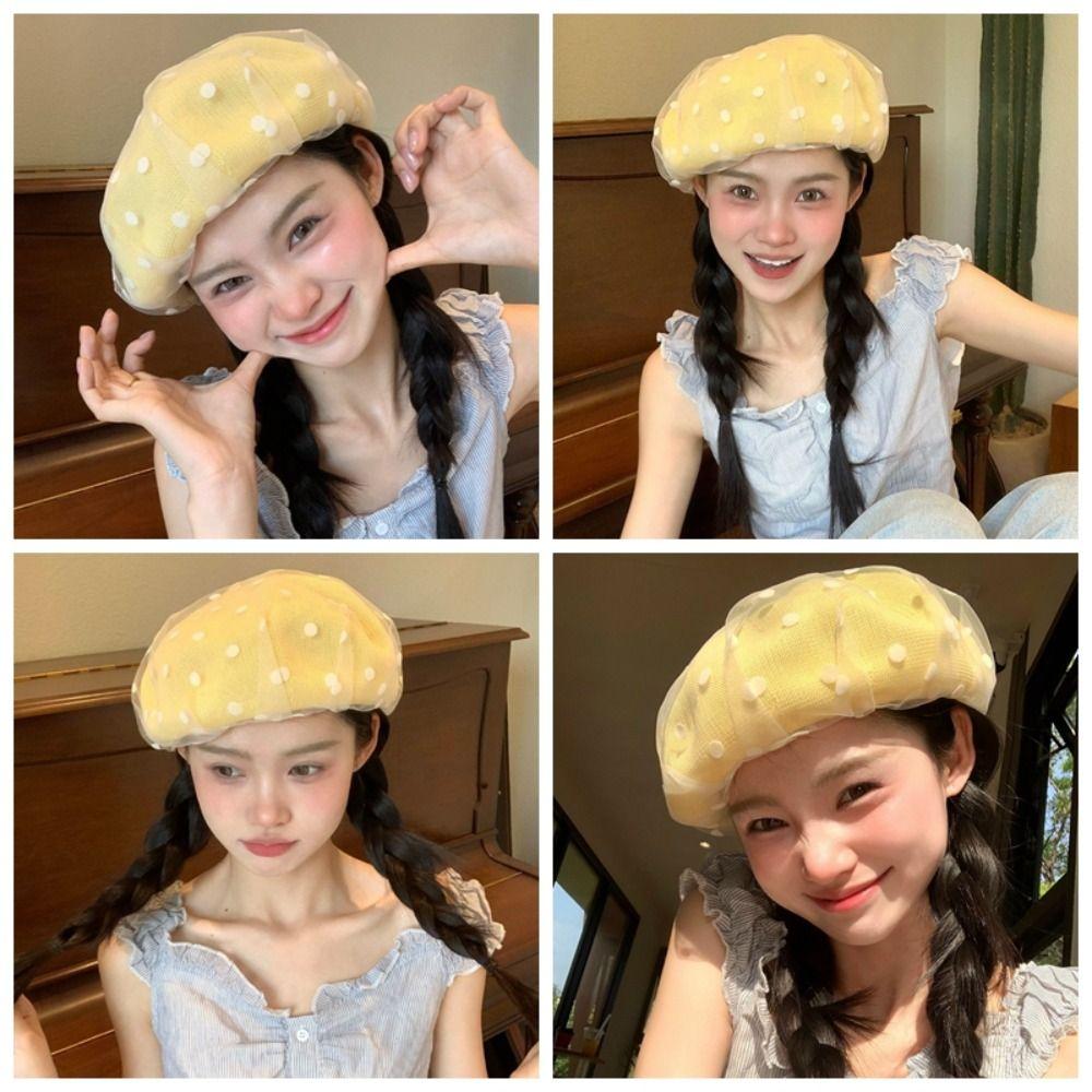 Korean Polka Dot Berets Mesh Beanie Cap British Knit Painter Caps  Streetwear