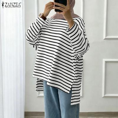 Women Irregular Hem Casual Round Neck Stripe Long Sleeve Blouse
