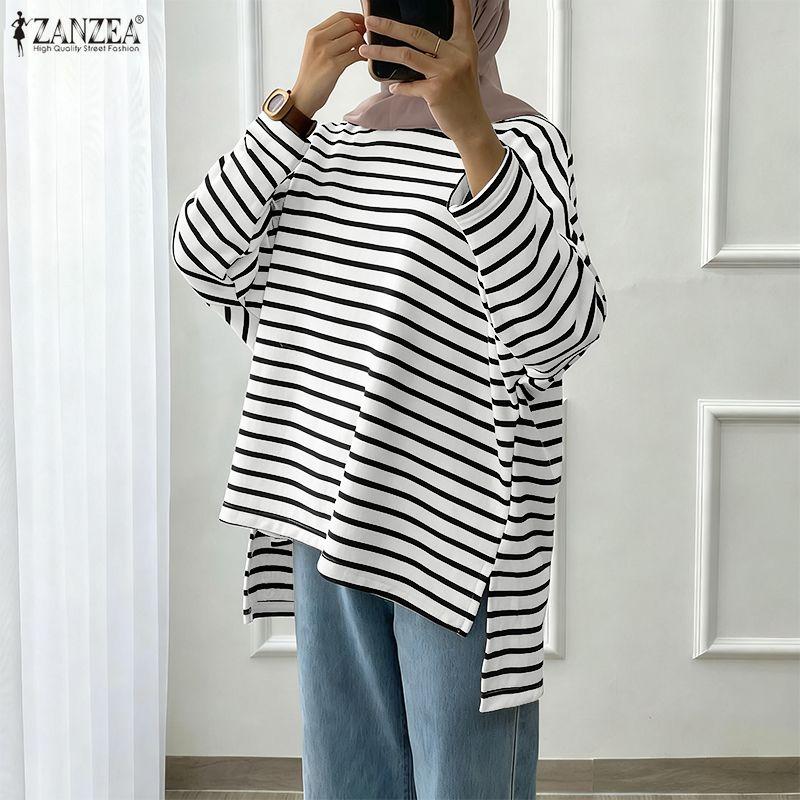 ZANZEA Women Irregular Hem Casual Round Neck Stripe Long Sleeve Blouse