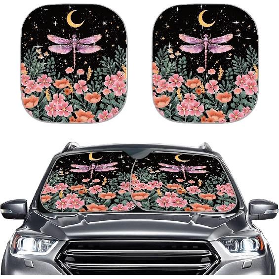 Mushroom Car Windshield Sunshade Daisy Flower Dragonfly Butterfly Mushroom Auto Front Sun Shades Foldable Sunlight Protection Visor Universal Vehicle