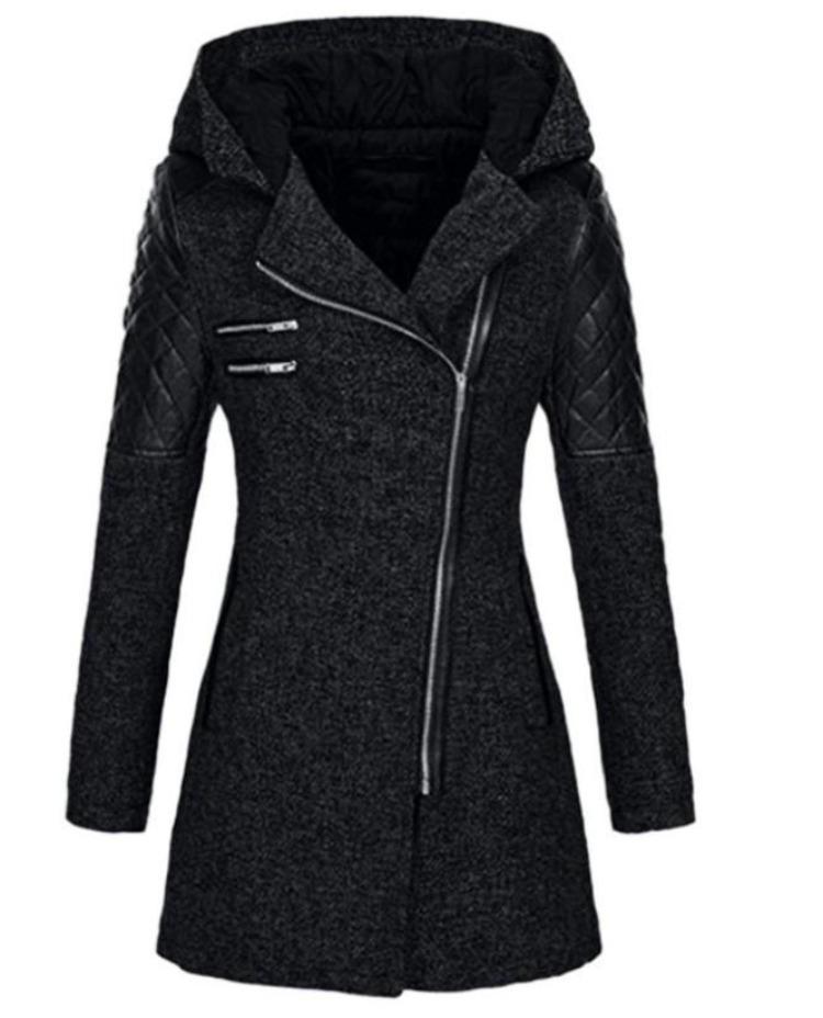 Warm Winter Coat Women Mid Length Woolen Hooded Windbreaker with Oblique Zipper