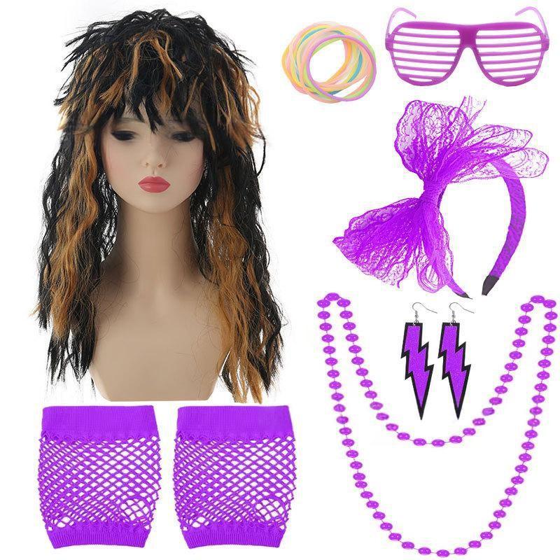 Lebendiges Punk Rock Perücken-Set Für Unisex Komplett Mit Bunten Accessoires Für Nostalgischen Stil