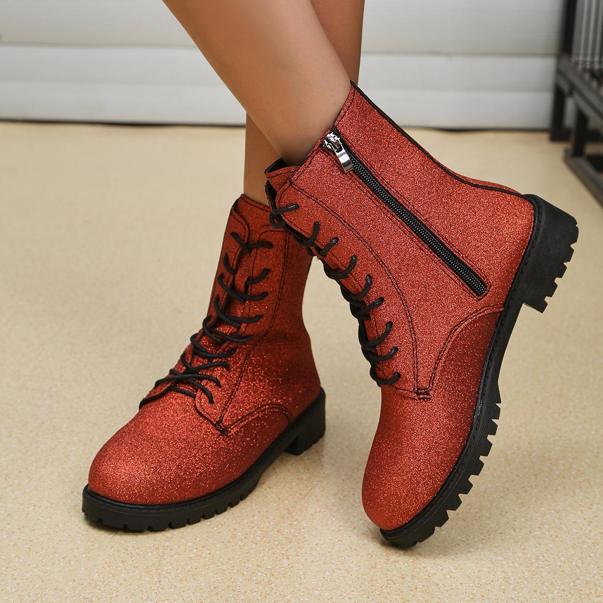 

Европейские и американские короткие сапоги с пайетками женские 2024 осень-зима новые универсальные женские сапоги с плоской подошвой и противоскользящим покрытием Zapatos 42 красный