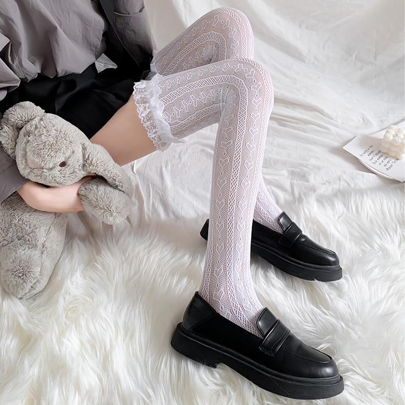 White Lace Lolita Mid-Tube Calf Socks - Women's Japanese Long Lace Stockings, Over-the-Knee Style.