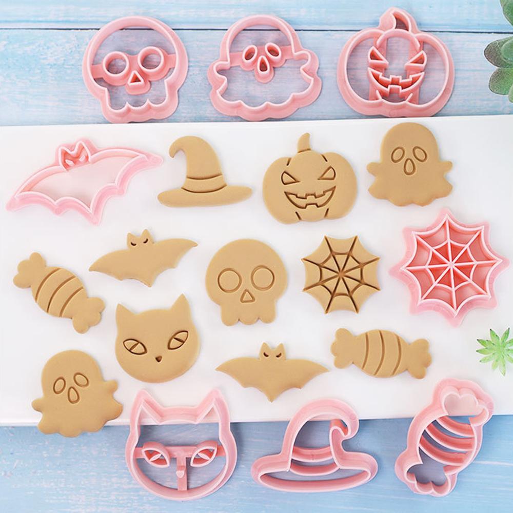 10/8Pcs Cookies Cutters Set Cartoon Pumpkin Witch Owl Castle Vampire Skull Pressable Cookies Stamp Biscuits Mold Halloween Decor