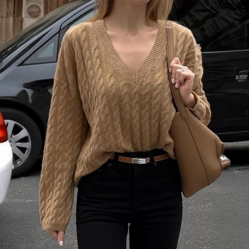 Women s Camel Cable Knit V-Neck Sweater Oversized Long Sleeve Casual Pullover S хаки