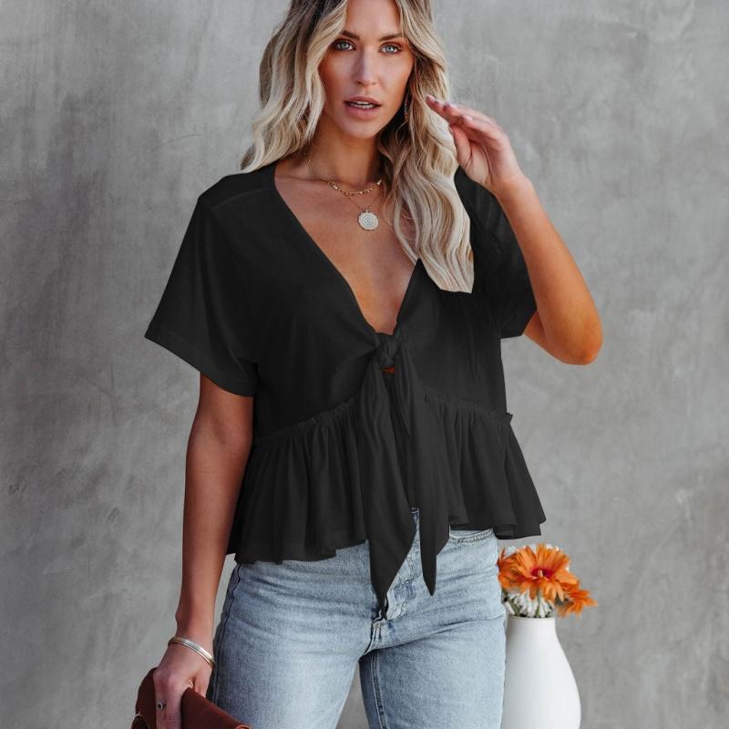 

DAFIFY женские модные повседневные летние однотонные блузки и рубашки с короткими рукавами и v-образным вырезом с принтом S