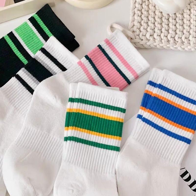 2026 Striped Crew Socks Cotton Korean Style Streetwear Casual Sport for Women Couples Fashion Mid Calf Socks