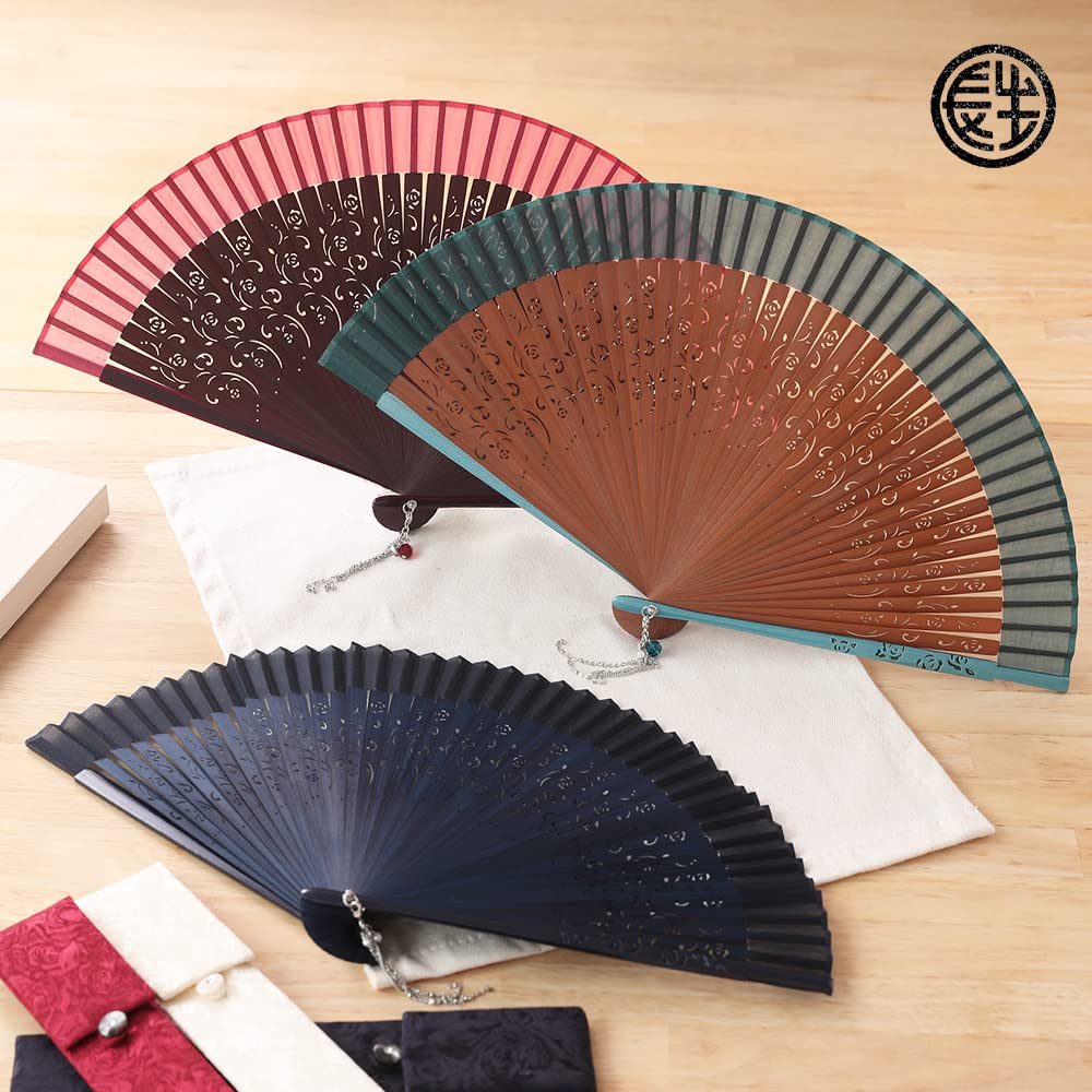 Osaka Choseido Folding Fan Fan and Handkerchief Rose Fan, Women's, Stylish, Business, Bag, Case, Set, (Crimson)