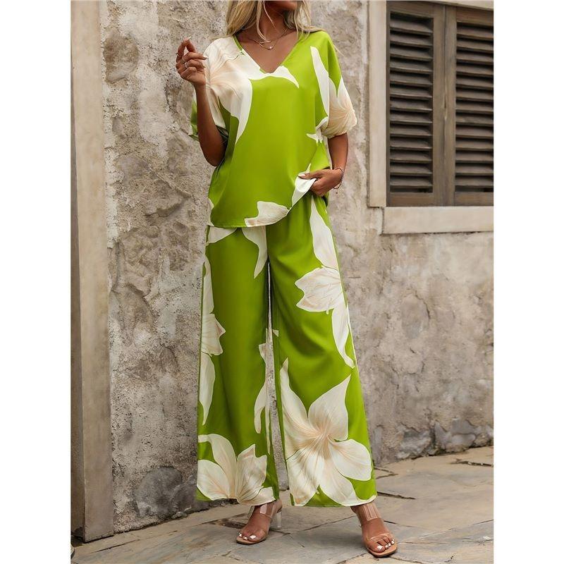 GMXIA Women's Fashion Casual Short Sleeve V Neck Pants Suits