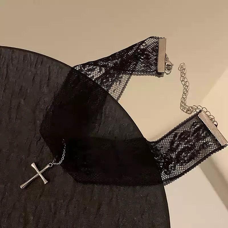 Retro Krzyż Wisiorek Koronkowy Choker Naszyjnik Dla Kobiet Dziewczyn Łańcuszek na obojczyk Biżuteria Imprezowy Prezent