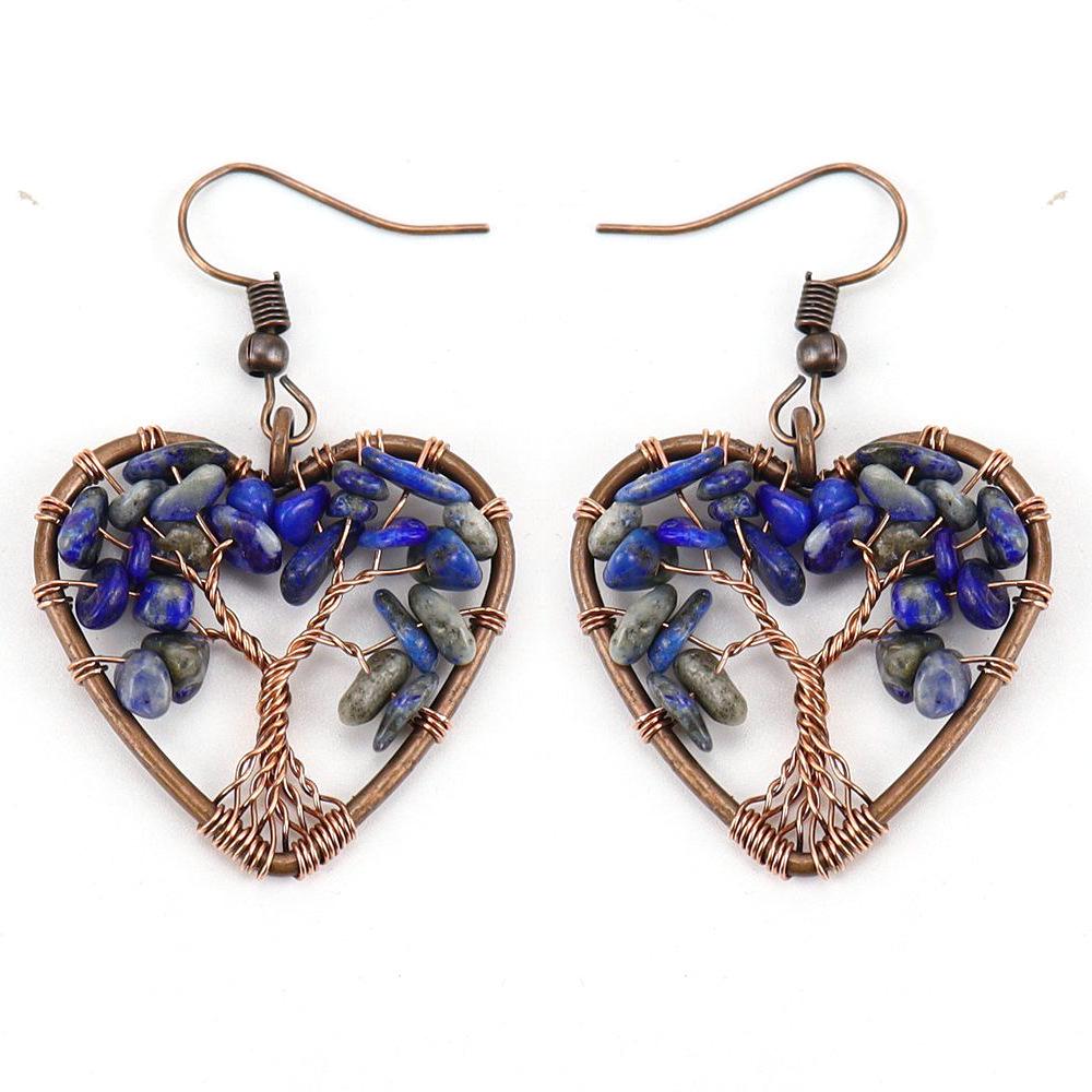 Handmade Tree of Life Earrings with Wire-Wrapped Crushed Stone, Crystal, Agate, and Amethyst Tree Root Design