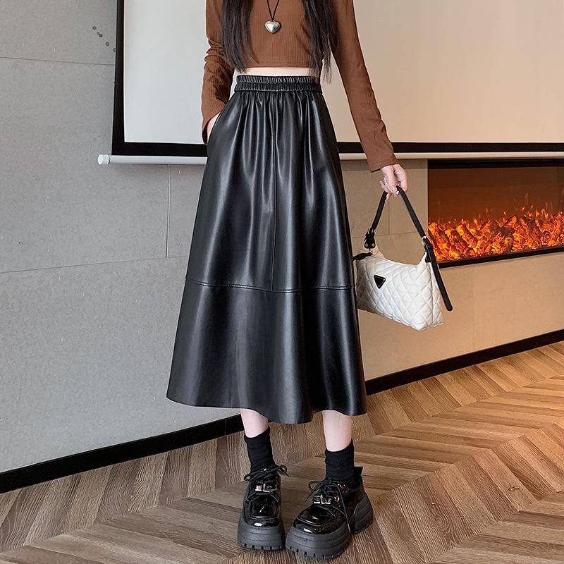 Women's PU Leather A-Line Midi Skirt: Autumn/Winter High Waist, Large Swing, Hip-Covering, Casual Temperament.