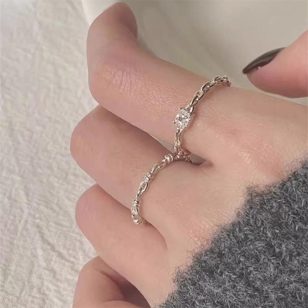 Korean version chain square diamond ring feeling stacked plain ring index finger ring ins wind opening ring