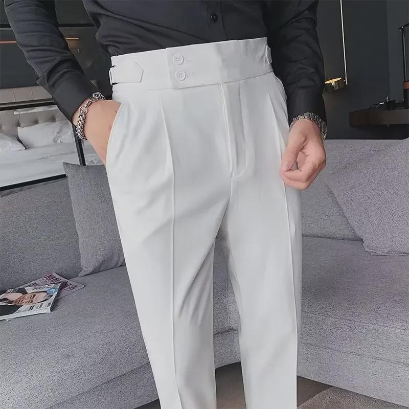 "Men's Italian High-Waist Adjustable Buckle Nine-Point Suit Trousers"