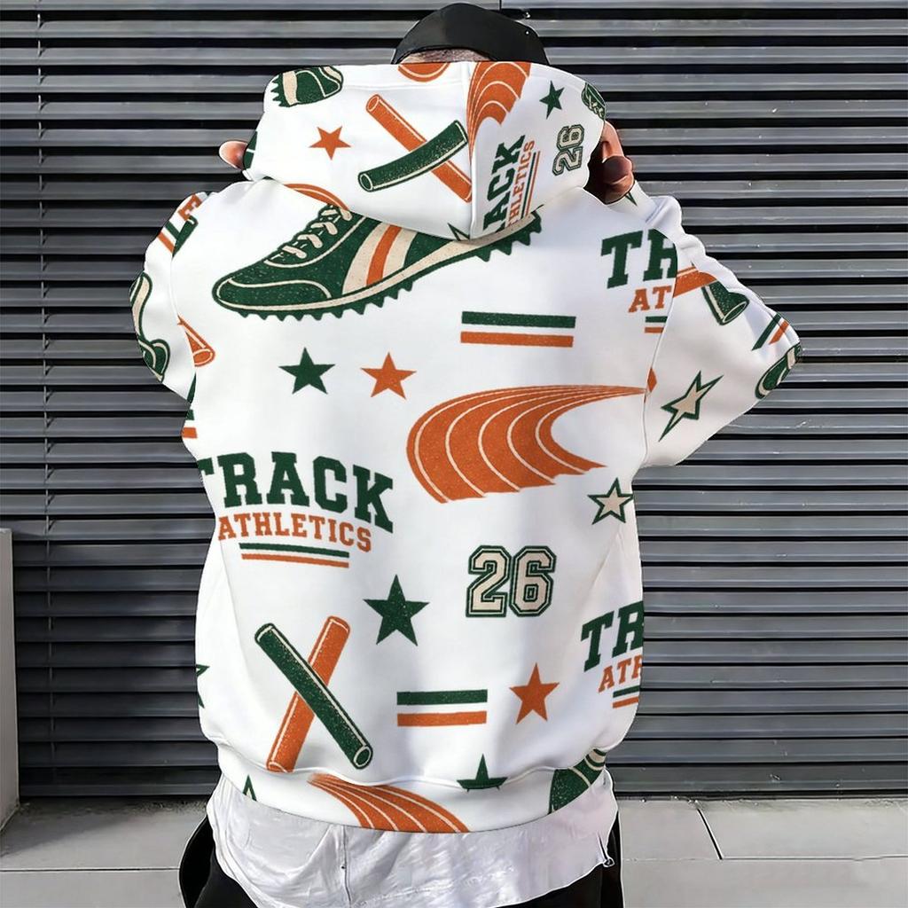 Herren Plus Size Weißer Lacrosse-Print Langarm Kapuzenpullover mit Kordelzug Kängurutasche Pullover