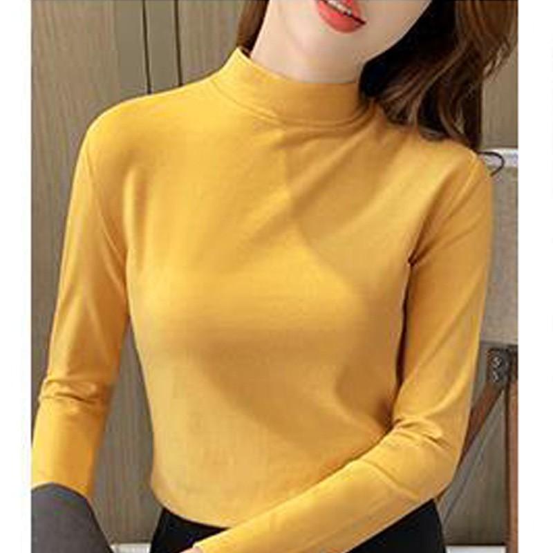 Autumn Winter Half High Collar Velvet Bottomed T-shirt Women Long Sleeve Solid Color All-match Pullover Top Tee