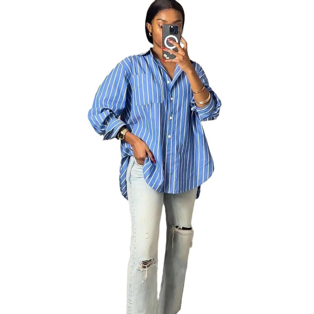 M6021: European & American Spring 2025 Casual Blue/White Striped Shirt - Loose, Fashionable, Versatile.