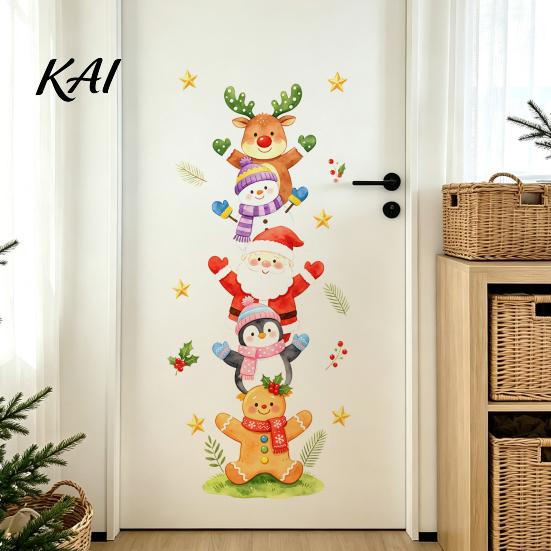 Xmas Cabinet Stickers Watercolor Christmas Stack?Up Characters Wall Stickers, Removable Self?Adhesive Door Holiday Gift for Friends Sticker, Santa