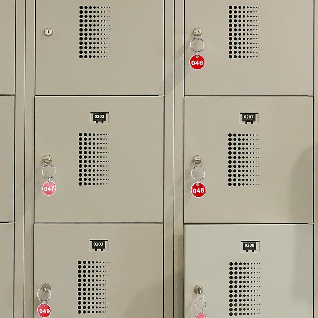 1-100 Numbered Key Tags, Round Metal Tags, Key Chain Labels, Key Tags for Home, Office and Garage, Dorm Keys, House Lockers (Red)