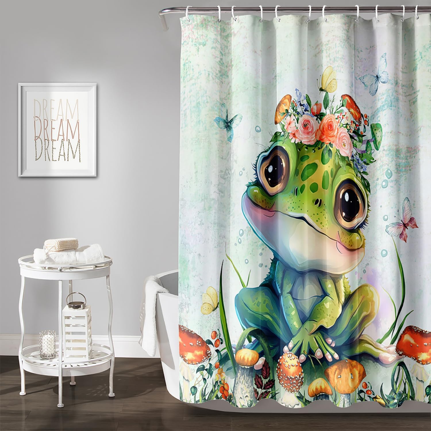 

Kawaii Frog Shower Curtain,Cute Cartoon Mushroom Frog Bath Curtain,Romantic Frog Couple Hearts Printed Waterproof Blue Stripe 90x180CM