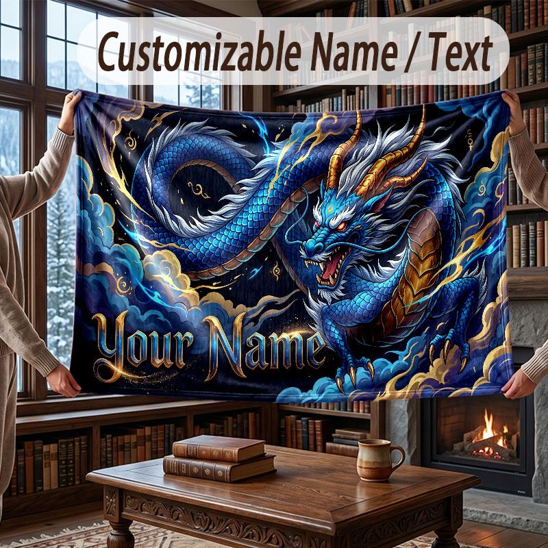 Dragon Theme Throw Blanket Custom Name Text Personalized Blanket Soft Cozy Blanket for Home Sofa Bed