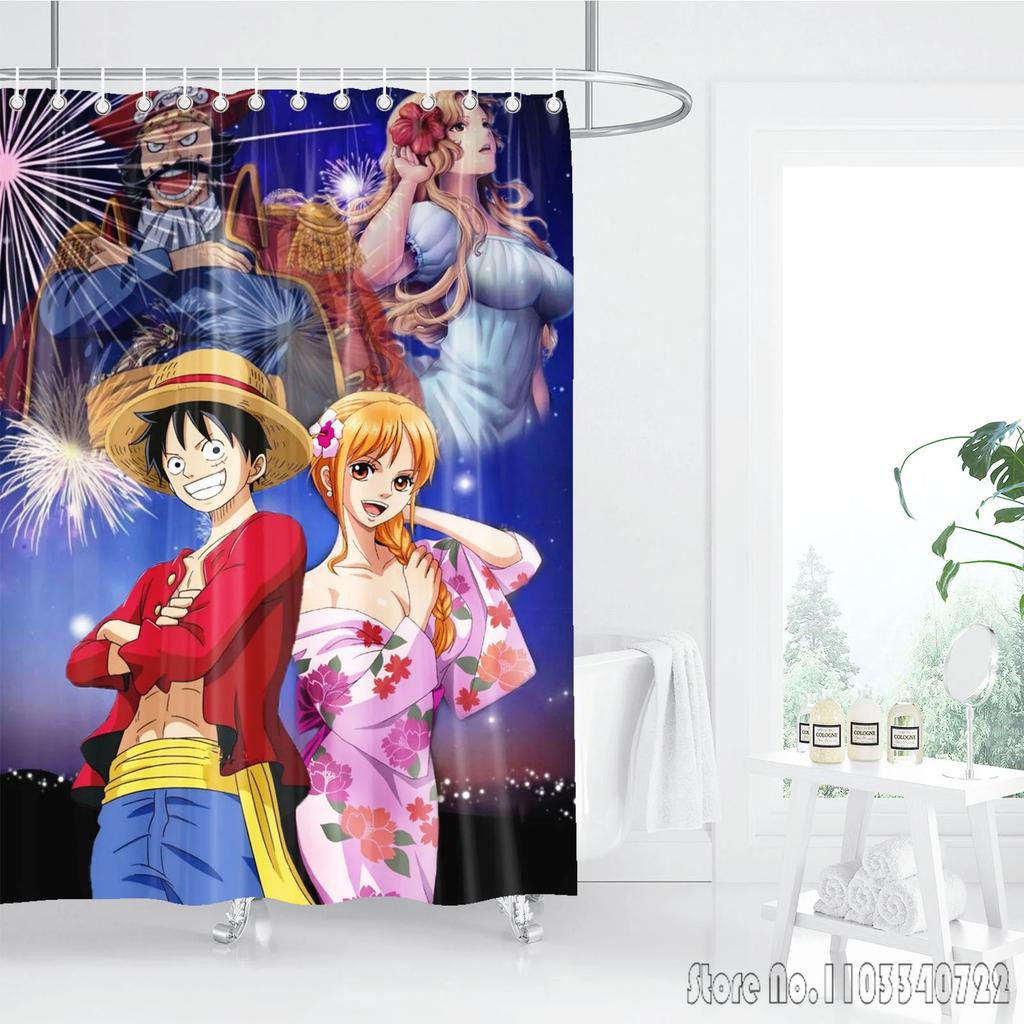 Shower Curtain One Piece Luffy Straw Hat Anime Waterproof Fabric Bathroom Curtain With Hooks, Cartoon Bath Curtain For Home Deco