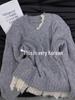 Women's High-End Red V-Neck Two-Piece Look Sweater, Korean Lazy Style, Autumn Winter Ripped Design Top