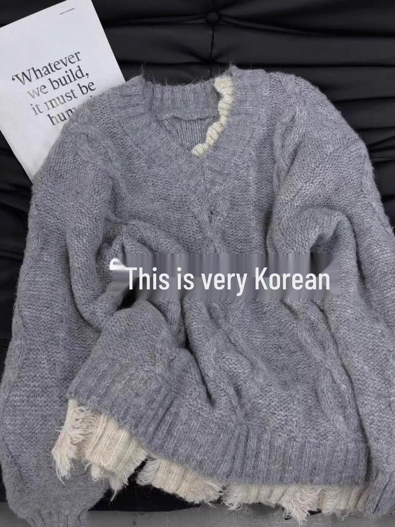 Women's High-End Red V-Neck Two-Piece Look Sweater, Korean Lazy Style, Autumn Winter Ripped Design Top