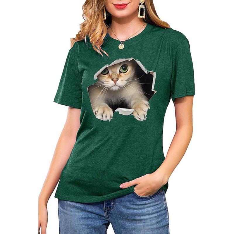 Ladies' V-neck T-shirt 3D Digital Printing Cute Cat Fashion Short Sleeved Casual Breathable Quick Drying Clothes