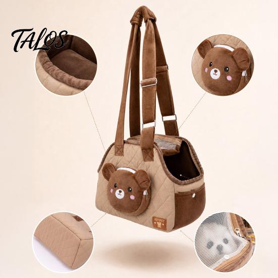 Warm Velvet Pet Carrier Quilted Cat Purse, Breathable Shoulder Bag, Mesh Window, Zipper Closure, Safety Buckle, with Buckle Cute Bear Elephant