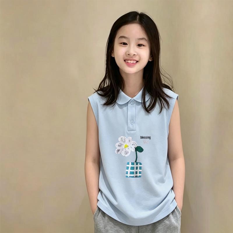 Korean Style Girls' Cotton Sleeveless Polo Vest, Thin Summer Design for Ages 6-12
