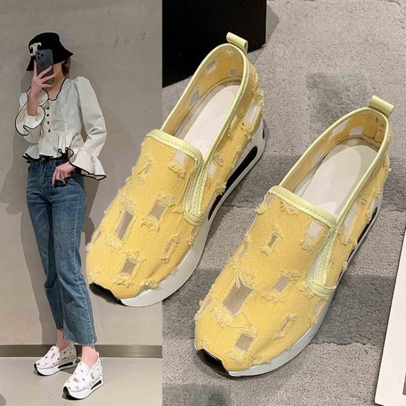Women's fashion flat bottom inner height increase mesh yarn breathable casual single shoes support platform one piece