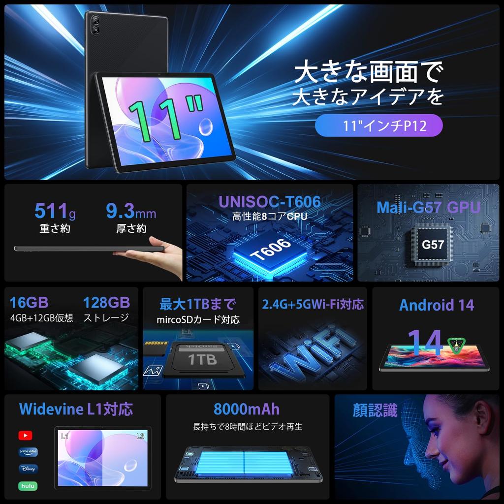 Nový CUPEISI P12 Android 14 T606 4GB RAM 12GB 128GB 1TB TF 5G IPS Widevine L1 GMS 8000mAh OTG Rozpoznávání obličeje Bezdrátová projekce Tablet, 11palcový