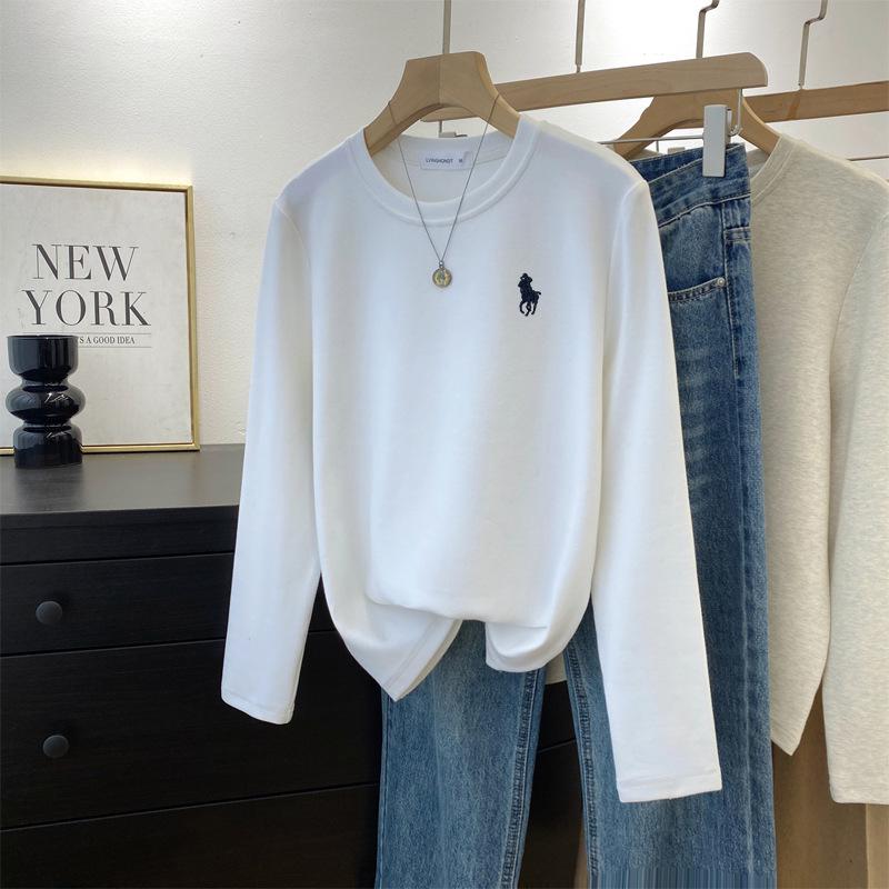 

Women s American-Style Embroidered Battle Horse Brushed Long-Sleeve T-Shirt - Warm, Casual Round Neck for Autumn/Winter M