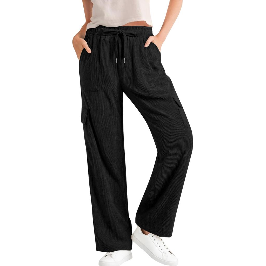 Damen Cord Freizeithose Hohe Taille Elastischer Kordelzug Locker Workwear Weitbeinige Hose Mit Taschen
