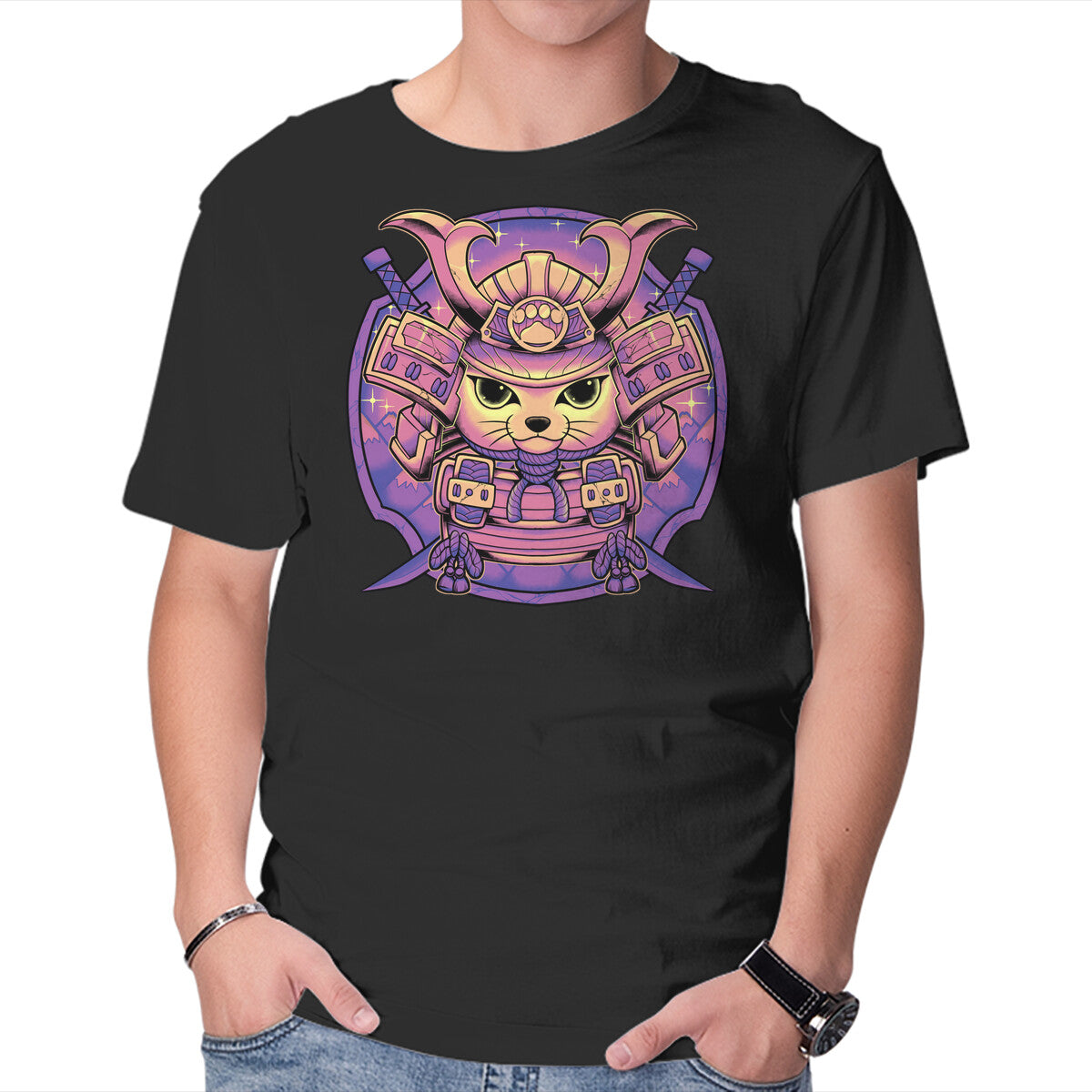 Unisex Crew Neck T-Shirt Samurai Neko Graphic Short Sleeve Casual Tee XXXL